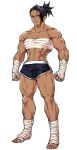  1girl abs bandages bangs bare_arms bare_shoulders biceps ears highres lips lipstick makeup midriff muscular muscular_female ponytail rheepic shorts shoulders signature tall_female thighs 