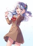  1girl :d absurdres bang_dream! bangs bare_legs blue_hair blush brown_dress dress dutch_angle eyebrows_visible_through_hair feet_out_of_frame flower green_ribbon hair_flower hair_ornament hair_ribbon hanasakigawa_school_uniform hand_in_hair highres leaf leaves_in_wind long_hair long_sleeves looking_at_viewer matsubara_kanon neck_ribbon one_side_up open_mouth pongu purple_eyes red_neckwear red_ribbon ribbon sailor_collar school_uniform serafuku shadow smile solo standing white_background 