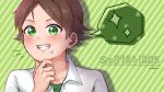  1boy blush brown_hair finger_to_own_chin green_background green_eyes grin hatoka_ra5 highres male_focus multiple_boys niconico open_mouth patterned_background shirt smile sparkle striped striped_background teeth urashimasakatasen uratanuki utaite_(singer) white_shirt 