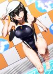  1girl black_hair black_swimsuit breasts commentary_request competition_swimsuit from_above goggles goggles_around_neck highres large_breasts looking_at_viewer m0nsoo00n one-piece_swimsuit one_eye_closed open_mouth original poolside puddle short_hair smile soaking_feet solo swim_cap swimsuit upper_teeth wet white_headwear 