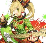  1girl ahoge akamakoto bangs blonde_hair blush braid breasts fate/extra fate/grand_order fate_(series) french_braid green_eyes green_shirt guitar hair_between_eyes hair_intakes hair_ornament instrument large_breasts long_hair long_sleeves looking_at_viewer lostroom_outfit_(fate) nero_claudius_(fate) nero_claudius_(fate)_(all) open_mouth orange_skirt plectrum shirt side_ponytail skirt smile 