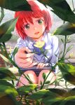  1girl :d absurdres akagami_no_shirayukihime book bookmark commentary_request flower green_eyes highres holding holding_book leaf mikazuki_akira! open_mouth plant red_hair shirayuki_(akagami_no_shirayukihime) short_hair smile solo 