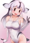  1girl :3 :d bare_shoulders bearded_seal_(kemono_friends) breasts brown_eyes collarbone commentary cowboy_shot elbow_gloves eyebrows_visible_through_hair gloves gradient gradient_background grey_gloves grey_hair highleg highleg_leotard highres kemono_friends large_breasts leotard looking_at_viewer masuyama_ryou open_mouth simple_background smile solo tail v 