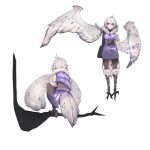  1girl absurdres bag bird_legs bird_tail breasts feathered_wings from_behind full_body fur_trim harpy highres looking_at_viewer medium_breasts monster_girl multiple_views nanostar original pointy_ears purple_shirt purple_skirt shirt short_hair shoulder_bag silver_hair skirt squatting standing winged_arms wings yellow_eyes 
