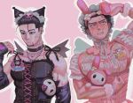  2boys animal_ears arm_warmers black_choker black_eyes black_hair bonnet brown_eyes choker clenched_hand cosplay cross-laced_clothes dress facial_hair fake_animal_ears golden_kamuy hair_slicked_back hand_up highres jewelry kuromi kuromi_(cosplay) lock male_focus multiple_boys muscular muscular_male my_melody my_melody_(cosplay) necklace ogata_hyakunosuke onegai_my_melody pink_background pink_dress scar scar_on_cheek scar_on_face scar_on_nose shiba!!_(3e_t6) short_sleeves stubble stuffed_toy sugimoto_saichi sweatdrop upper_body 