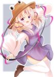  1girl :d absurdres arm_up blonde_hair blurry blurry_background blush breasts commentary_request dress foot_out_of_frame hat highres holding holding_ring jewelry long_hair looking_at_viewer medium_breasts moriya_suwako open_mouth purple_background purple_dress purple_eyes ring simple_background smile solo standing standing_on_one_leg tomaton touhou turtleneck 