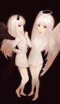  2girls albino angel angel_and_devil angel_wings black_background bottomless collared_shirt commission demon demon_horns fallen_angel flat_chest full_body horns long_hair long_sleeves looking_at_viewer multiple_girls naked_shirt original oyabuli pale_skin pointy_ears red_eyes shirt simple_background standing symbol_commentary white_hair white_shirt wings 