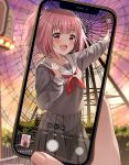  1girl :d bangs banned_artist black_shirt black_skirt blush cellphone cellphone_picture commentary_request eyebrows_visible_through_hair ferris_wheel highres holding holding_phone looking_at_viewer neckerchief ootori_emu open_mouth outdoors outstretched_arm phone pink_hair pleated_skirt pointing project_sekai purple_eyes red_neckwear sailor_collar school_uniform serafuku shirt skirt smile solo_focus sunset white_sailor_collar yuuka_nonoko 