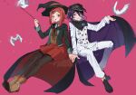  1boy 1girl :d bangs bird black_cape black_footwear black_jacket black_legwear brown_vest buttons cape cape_lift collared_shirt confetti danganronpa_(series) danganronpa_v3:_killing_harmony double-breasted dove grin hair_ornament hand_up hands_together hat highres holding holding_wand invisible_chair jacket jazy lifted_by_self long_sleeves looking_at_another miniskirt open_mouth ouma_kokichi pants pantyhose peaked_cap purple_eyes purple_hair red_background red_cape red_eyes red_hair red_headwear red_skirt shirt shoes short_hair simple_background sitting skirt smile straitjacket vest wand white_jacket white_pants white_shirt witch_hat yumeno_himiko 