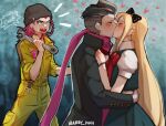  1girl 2boys bangs barry_nah black_coat black_hair blonde_hair blurry blurry_foreground blush bow bracelet braid coat collared_shirt crying danganronpa_(series) danganronpa_2:_goodbye_despair earrings english_text french_braid grey_hair hair_bow heart highres holding holding_wrench hug jewelry jumpsuit kiss long_hair medium_hair meme multicolored_hair multiple_boys notice_lines open_mouth pink_eyes pink_hair pink_scarf puffy_short_sleeves puffy_sleeves red_bow scarf shirt short_hair short_sleeves shouting smile sonia_nevermind souda_kazuichi tanaka_gandamu tears tools very_long_hair wrench yellow_jumpsuit 