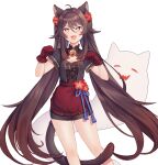  1girl alternate_costume animal_ears banned_artist bell breasts brown_hair cat_ears cleavage genshin_impact ghost highres hu_tao jingle_bell llicornia looking_at_viewer red_eyes short_sleeves small_breasts smile solo twintails 