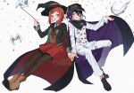  1boy 1girl :d bangs bird black_cape black_footwear black_jacket black_legwear brown_vest buttons cape cape_lift collared_shirt commentary_request confetti danganronpa_(series) danganronpa_v3:_killing_harmony double-breasted dove grin hair_ornament hand_up hands_together hat highres holding holding_wand invisible_chair jacket jazy lifted_by_self long_sleeves looking_at_another miniskirt open_mouth ouma_kokichi pants pantyhose peaked_cap purple_eyes purple_hair red_cape red_eyes red_hair red_headwear red_skirt shirt shoes short_hair simple_background sitting skirt smile straitjacket vest wand white_background white_jacket white_pants white_shirt witch_hat yumeno_himiko 