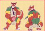  3_toes absurd_res anthro auron_ardere balls big_balls big_penis butt claws cursedmarked dragon erection feet genitals hand_on_penis hi_res looking_back male multicolored_body muscular muscular_anthro muscular_male necktie nude penis rear_view scalie simple_background solo standing toes 