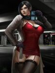  1girl ada_wong black_hair black_legwear black_scarf breasts brown_eyes cleavage cloak dress dress_lift fbi gloves hand_on_hip looking_at_viewer medium_breasts nextoad night panties parking_lot patreon_username red_dress red_panties resident_evil resident_evil_2 scarf short_hair solo thighhighs underwear watermark 