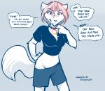  2021 after_transformation alternate_species annoyed anthro blue_background blush bottomwear breasts canid canine canis chest_tuft cleavage clenched_teeth clothed clothing collar collar_of_keidranification collar_tag conditional_dnp crossgender database_error_(twokinds) dialogue english_text female furrification growling hand_on_hip hi_res keidran mammal monochrome mtf_crossgender navel shorts simple_background sketch skimpy solo teeth text tom_fischbach tuft twokinds unseen_character webcomic wolf 