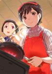  2girls :d apron black_hair brown_eyes chopsticks commentary_request cooking frying_pan hair_ribbon herai_sumire highres maiko-san_chi_no_makanai-san mikazuki_akira! multiple_girls nozuki_kiyo open_mouth purple_eyes red_apron red_ribbon ribbed_sweater ribbon short_hair smile sweater turtleneck turtleneck_sweater white_sweater 