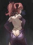  1girl alternate_costume alternate_hairstyle anus ass backless_dress backless_outfit be_nhosinga bespectacled choker dress elbow_gloves fate/grand_order fate_(series) glasses gloves hair_ornament looking_at_viewer looking_back ponytail purple_dress purple_hair red_eyes scathach_(fate) scathach_(fate)_(all) solo spread_anus tongue tongue_out 