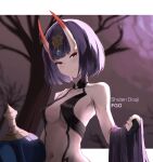  1girl absurdres bangs bare_shoulders bob_cut breasts collarbone eyeliner fate/grand_order fate_(series) headpiece highres horns looking_at_viewer makeup navel nyxview oni oni_horns purple_eyes purple_hair revealing_clothes short_hair shuten_douji_(fate) skin-covered_horns small_breasts smile 