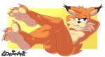  anthro blue_eyes bobcat bubsy bubsy_(series) claws fangs feet felid feline foot_focus fur gobanire hindpaw looking_at_viewer lynx male mammal orange_body orange_fur paws simple_background soles solo video_games 