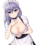  1girl apron bangs black_choker blush breasts choker cleavage collarbone commentary_request copyright_request eyebrows_visible_through_hair frilled_choker frills grin hair_between_eyes large_breasts long_hair looking_at_viewer maid maid_day maid_headdress parted_lips pensuke puffy_short_sleeves puffy_sleeves purple_hair short_sleeves simple_background smile solo teeth waist_apron white_apron white_background 