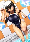  1girl black_hair black_swimsuit breasts competition_swimsuit from_above goggles goggles_around_neck highres large_breasts looking_at_viewer m0nsoo00n one-piece_swimsuit one_eye_closed open_mouth original poolside puddle short_hair smile soaking_feet solo swim_cap swimsuit tan upper_teeth wet white_headwear 