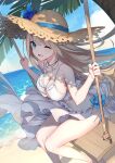  1girl ;d bare_arms bare_shoulders beach bead_necklace beads bikini bison_cangshu blonde_hair blue_eyes breasts brown_headwear cleavage day groin hat hat_ribbon jewelry large_breasts lexington_(warship_girls_r) long_hair looking_at_viewer navel necklace one_eye_closed open_mouth outdoors palm_tree ribbon sarong shade sitting smile solo stomach straw_hat string_bikini swimsuit swing thighs tree very_long_hair warship_girls_r water white_bikini wind 
