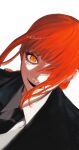  1girl black_jacket black_neckwear black_suit chainsaw_man collared_shirt dress_shirt dutch_angle evil_smile eyelashes hair_between_eyes hair_over_one_eye highres jacket looking_at_viewer makima_(chainsaw_man) makimasansuki medium_hair necktie open_mouth orange_eyes portrait red_hair ringed_eyes shirt simple_background smile solo twitter_username white_background white_shirt wing_collar 