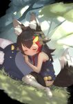  absurdres animal_ear_fluff animal_ears bangs bell black_hair blush camisole eyebrows_visible_through_hair flipped_hair grass hair_between_eyes hair_ornament hairclip highlights highres hololive hug jingle_bell long_hair low-tied_long_hair miochun multicolored_hair nekuro_(tamakooji) ookami_mio outdoors red_hair sidelocks sleeping tail tail_around_leg tail_wrap thighhighs tree very_long_hair virtual_youtuber wolf_ears wolf_girl wolf_tail younger 