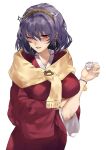  1girl asuzemu blush breasts cup dress grin hand_up holding holding_cup large_breasts looking_at_viewer one_eye_closed pink_eyes purple_hair red_dress rope scarf shimenawa short_hair simple_background smile solo touhou white_background yasaka_kanako 