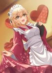  1girl alternate_costume apron black_bow blonde_hair bow breasts commentary_request fate/grand_order fate_(series) frilled_apron frills hair_bow half_updo heart highres japanese_clothes kimono maid_apron maid_day maid_headdress matsuba_moco okita_souji_(fate) okita_souji_(fate)_(all) red_kimono small_breasts solo valentine wa_maid white_apron wide_sleeves yellow_eyes 