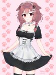  1girl :3 alternate_costume animal_ears artist_name black_legwear bone_hair_ornament breasts brown_eyes brown_hair cleavage commentary cowboy_shot dog_ears english_commentary enmaided hair_ornament highres hololive inugami_korone long_hair looking_at_viewer maid maid_headdress medium_breasts paw_print paw_print_background pink_background short_sleeves simple_background skirt_hold smile solo thighhighs twintails vickie_(cryingrobot) virtual_youtuber 
