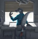  alligatorid anthro anus backsack balls bed bodily_fluids bottomless butt caiman clothed clothing crocodilian cum doctor furniture genital_fluids genitals hi_res hospital male reptile scalie solo thejoyfuldragon tongue 