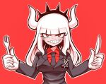  1girl bangs black_jacket black_neckwear blunt_bangs collared_shirt demon_horns dice_coffeedox fork gloves hands_up helltaker holding holding_fork holding_knife horns jacket knife long_hair looking_at_viewer lucifer_(helltaker) necktie outline red_background red_eyes red_shirt shirt simple_background solo white_gloves white_outline 