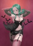  1girl alternate_costume armpits arms_up bat black_shorts blush breasts choker cleavage gradient gradient_background green_eyes green_hair highres kkzk61539201 large_breasts long_hair looking_at_viewer morrigan_aensland navel purple_legwear red_background shorts skindentation smile solo thighhighs twitter_username vampire_(game) 