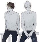  2boys belt belt_buckle black_pants brothers buckle expressionless eyebrows_visible_through_hair greyscale haikyuu!! hands_in_pockets highres interlocked_fingers long_sleeves male_focus miya_atsumu miya_osamu monochrome multiple_boys on_railing own_hands_together pants short_hair siblings sitting_on_railing sleeves_past_wrists smile sweater twins yasai_(getsu) 