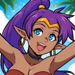  1girl :d akairiot bare_shoulders blue_eyes breasts choker circlet cleavage dark_skin dark_skinned_female day earrings hoop_earrings jewelry open_mouth outdoors palm_tree pointy_ears ponytail purple_hair shantae_(character) shantae_(series) smile solo tree 