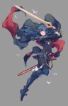  1girl armor belt blue_cape blue_eyes blue_hair boots bug butterfly cape faithom falchion_(fire_emblem) fingerless_gloves fire_emblem fire_emblem_awakening gloves highres insect long_hair lucina_(fire_emblem) red_cape sheath shoulder_armor sword thigh_boots thighhighs weapon 