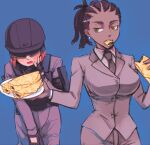  2girls black_gloves black_hair black_neckwear blue_background blush brown_eyes collared_shirt cornrows cowboy_shot dark_skin dark_skinned_female earrings eating fingerless_gloves food gloves grey_jacket grey_pants hand_up helltaker helmet holding holding_food jacket jewelry multiple_girls orange_hair pancake pants plate police_(helltaker) police_swat_(helltaker) shirt simple_background sunglasses uesakomika white_shirt 