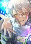  1girl artoria_pendragon_(all) bangs fate/grand_order fate_(series) fuyuhi_tsukika glasses hair_between_eyes highres jacket light light_stick looking_at_viewer mysterious_idol_x_(alter)_(fate) reaching_out short_hair silver_hair smile solo upper_body white_jacket yellow_eyes 