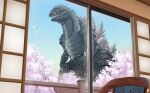  cherry_blossoms claws duke_(kimurasun) fangs flower giant giant_monster godzilla godzilla_(series) godzilla_singular_point godzilla_ultima highres kaijuu monster no_humans petals pink_flower plum_blossoms scales sharp_teeth spikes spines spring_(season) tail teeth tree tree_branch 