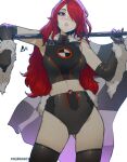  1girl :o ass_visible_through_thighs aurahack bangs black_gloves breasts crop_top elbow_gloves flag fur_trim gloves head_tilt highres holding holding_flag kirijou_mitsuru looking_down medium_breasts one_eye_covered open_mouth persona persona_3 race_queen skin_tight solo thighhighs 