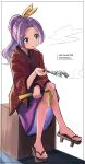  1girl 5alive bad_feet closed_fan commentary_request copyright_name crossed_legs fan folding_fan full_body geta highres holding holding_fan holding_pipe japanese_clothes kimono kiseru komakusa_sannyo long_hair looking_to_the_side pipe ponytail purple_hair red_eyes red_kimono simple_background sitting smoke solo touhou unconnected_marketeers white_background 