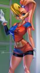  9:16 alanscampos anthro basketball_uniform blonde_hair blue_eyes bodily_fluids breasts buckteeth cleavage clothed clothing female fur gloves hair handwear hi_res lagomorph leporid locker_room lola_bunny looney_tunes mammal navel rabbit solo sportswear sweat tan_body tan_fur teeth uniform warner_brothers 