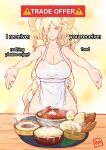  1girl absurdres apron blonde_hair bowl breasts cleavage cowboy_shot english_text eyes_visible_through_hair food highres horns jewelry kulve_taroth large_breasts long_hair monster_hunter:_world monster_hunter_(series) naked_apron ring smile solo soup trade_offer_(meme) very_long_hair white_apron yamanata yellow_background yellow_eyes 
