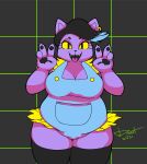  2021 anthro black_hair breasts catty_(undertale) cleavage clothed clothing domestic_cat double_v_sign ear_piercing ear_ring fangs felid feline felis female fur gesture hair hi_res legwear mammal misterdonut open_mouth open_smile overalls overweight overweight_anthro overweight_female pawpads piercing pupils purple_body purple_fur signature simple_background slit_pupils smile solo thick_thighs thigh_highs undertale v_sign video_games yellow_sclera 