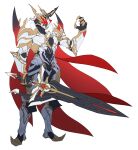  1boy absurdres armor cape catball1994 character_request from_side full_armor highres holding holding_sword holding_weapon horns kamen_rider kamen_rider_saber_(series) looking_ahead red_eyes redesign single_horn solo sword tokusatsu weapon white_background 