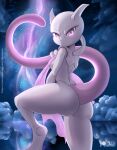  1girl artist_name ass breasts closed_mouth commentary english_commentary gen_1_pokemon holding_cloth leg_up legendary_pokemon looking_back mewtwo night outdoors patreon_logo pink_eyes pokemon pokemon_(creature) rilex_lenov shiny shiny_skin sideboob solo tail watermark web_address 