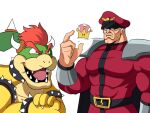  2boys bowser bracelet capcom crown gloves hat highres horns jewelry male_focus mario_(series) military military_uniform monster multiple_boys muscular new_super_mario_bros._u_deluxe nintendo open_mouth short_hair smile spiked_bracelet spikes street_fighter street_fighter_ii_(series) super_crown super_smash_bros. teeth tina_fate uniform vega white_hair 