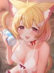  1girl :p ahoge animal_ears azuse_neko blonde_hair breasts cat_ears cat_tail cleavage commentary_request eyebrows_visible_through_hair holding kemomimi_refle! looking_at_viewer medium_breasts navel nekoma_karin red_eyes short_hair smile solo tail tongue tongue_out wing_hair_ornament 