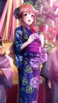  1girl :d bangs blue_kimono brown_hair candy_apple doukyuusei_another_world festival floral_print flower food game_cg hair_between_eyes hair_flower hair_ornament holding japanese_clothes kakyuusei kimono long_hair minamizato_ai obi official_art open_mouth print_kimono purple_flower red_eyes sash shiny shiny_hair smile solo_focus tanabata tanzaku tied_hair yukata 